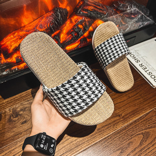 Couple's Japanese-style plaid cotton and linen slippers indoor home shoes Men's Four Seasons breathable sweat-absorbent fabric linen sandals women