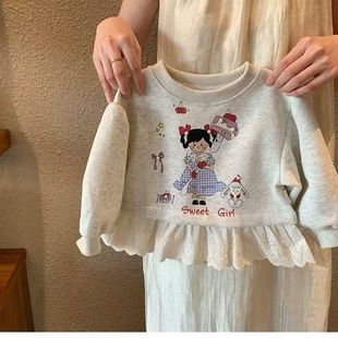 Girls' suit Spring and Autumn 2025 New Children's Stylish Fashionable Baby Casual Lace Sweatshirt Jeans Two-Piece Set