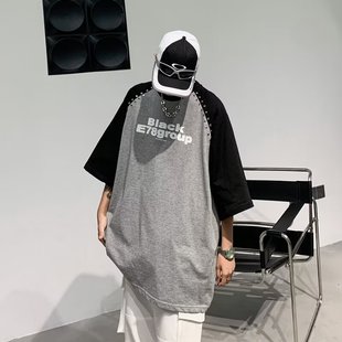 Summer Trendy Brand New Arrival Men's Loose Five-point Sleeve Color-matching Spider Nail T-shirt Casual American-style Trendy Short-sleeved Top