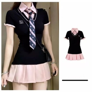 American Fake Two-piece dress suit Women's Summer Sweet and Spicy Style Wear Small Man College Style A- shaped Pleated Skirt Hot Girl