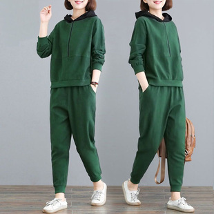Casual Sports suit Women's Loose Slimming New Hooded Fashion plus size Spring and Autumn Sweats Running Clothes Two-piece Set