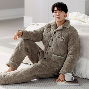 <Warm> Pajamas Men's Winter Thickened fleece-lined Three-Layer Cotton Coral Flannel Fall/Winter Home Wear suit