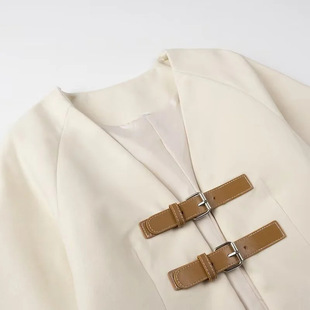 ZR foreign trade wholesale European and American style women's fashion PU leather V-neck loose casual stitching long sleeve coat 1255794