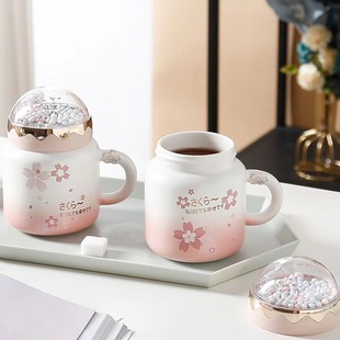 Japanese-style Pink Cherry Blossom Mug Ceramic Girl's Heart Gift Personalized Office Drinking Cup Gradient Color Cup with Cover