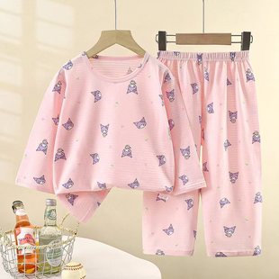 Children's Cotton Yarn Pajamas for Boys and Girls Spring and Summer Double Gauze Home Clothes Pure Cotton Baby Cartoon Air Conditioning Underwear suit
