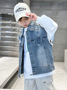 Boys' Hole Denim Vest Spring and Autumn New Style Middle and Big Boy's Waistcoat Handsome Children's Vest Vest Vest