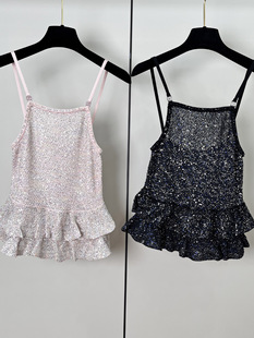 25 Summer New Style Chanel Style Sequin Knitted Vest with Lotus Leaf Lace Short Slim-fit Simple Sling Top