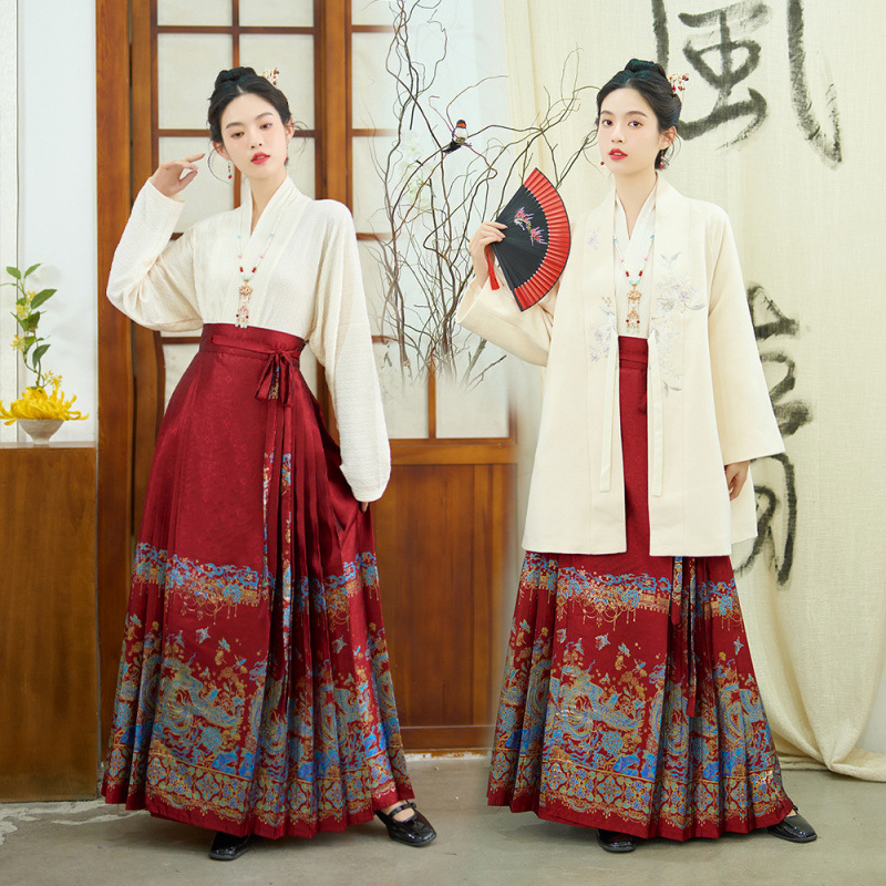 Real shot new Chinese style autumn and winter women's Chinese element embroidery horse face skirt wool coat pleated skirt three-piece set