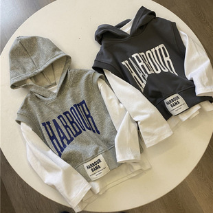 Boys' Autumn Fake Two-piece 2024 New Baby's Western-style Letter Hooded Vest Thin Children's Spring and Autumn Sweatshirt