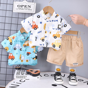 Boys' cartoon short sleeve suit new children's clothing baby Summer children's summer full printed car short sleeve suit fashion