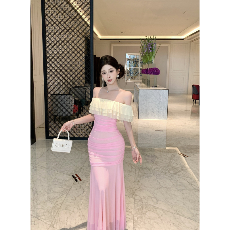 Cross-Border Sexy Off-Shoulder Gradient Figure-Flattering Slimming Dress 2026 Summer New Stylish Elegant Bodycon Long Dress