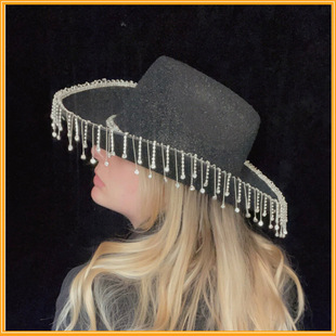 Cross-border hot selling rhinestone tassel chain pendant cowboy hat 2-piece black Denim ink scarf carnival hat