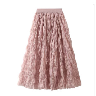 Summer Elegant Wave Pleated Slim Skirt Women's High Waist Slim Mid-Length A- Line Large Swing Mesh Skirt White