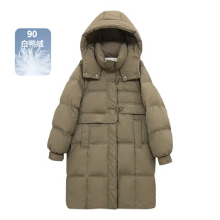 Purple hooded horn buckle down jacket for women 2023 new autumn and winter white duck down mid-length cotton-padded jacket