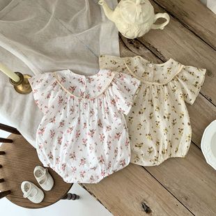 Korean Style Baby's Fresh Style Floral Princess Flying Sleeve Triangle Climbing Suit Summer Pastoral Style Refreshing Fart Bodysuit
