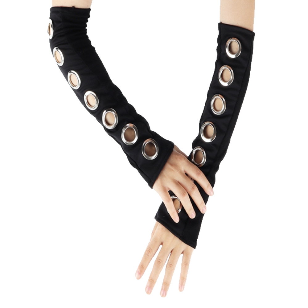 Dark Punk Half-Finger Rivet Gloves Y2K Female Gothic Black Fingerless Long Sleeves Sexy Strap Hand Sleeves