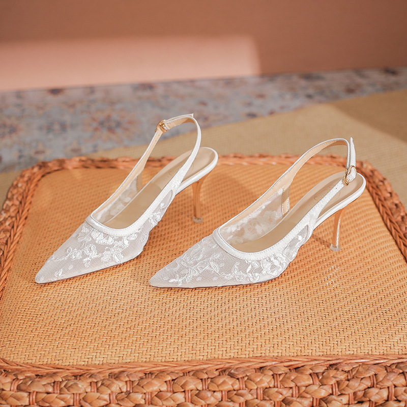 763-2 European Station 2024 New Spring Lace Hollow Mesh Pointed High Heels Women's Thin Heel Sexy Sandals