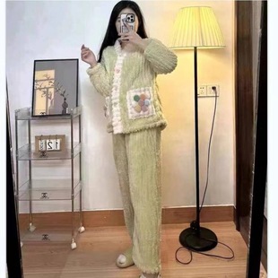 Rainbow suit Women's Coral Fleece Pajamas 2024 Autumn and Winter Warm Jacket Pants Home Wear Two-Piece Set
