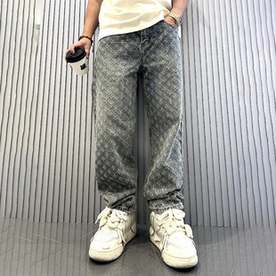 Vintage Washed Old Ripped Jeans Men's Trendy Loose Straight Leg Jacquard Full Print Jeans Loose Straight Leg