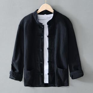 Chinese Retro Button Ramie Shirt Men's Long Sleeve Tang Clothes Shirt Cotton Linen Clothes Spring and Summer Linen Coat Thin