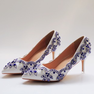 7cm Pointed Shoes Small Thin Heeled Middle Heeled Shoes Pointed Shoes Foreign Trade plus size Women's Shoes Rhinestone Wedding Shoes Bridesmaid Shoes