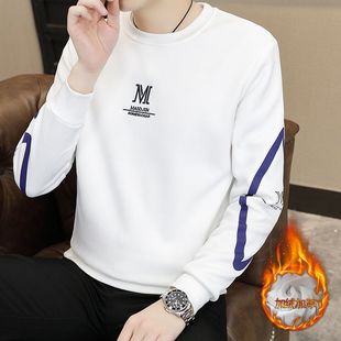 Long-sleeved T-shirt Men's Round Neck Trendy Letter Pullover Sweatshirt Spring and Autum Handsome Casual Winter Velvet Warm Top