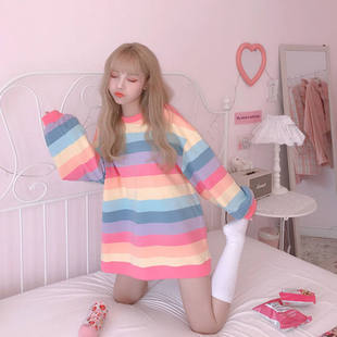 2023 Autumn Korean Style New Style Striped Spliced Slit Thin Round Neck Sweatshirt Female Student Long Sleeve Loose Top Trendy