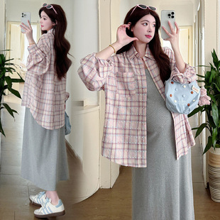Maternity Spring Dress suit 2025 New Long Sleeve Plaid Shirt Spring and Autumn Sling dress Fashion Two-Piece Set