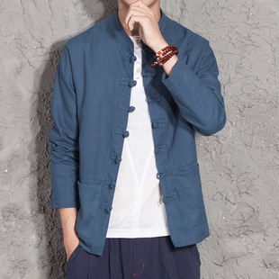 Chinese Style Large Size Cotton and Linen Men's Jacket Chinese Vintage Buckle Tang Suit Top Spring and Autumn Loose Hanfu Coat Trendy