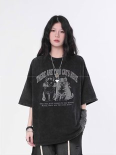 Американский прилив oversize стирает старые футболки с короткими рукавами для мужчин и женщин, летняя ретро высокого уровня кошачий топ с принтом