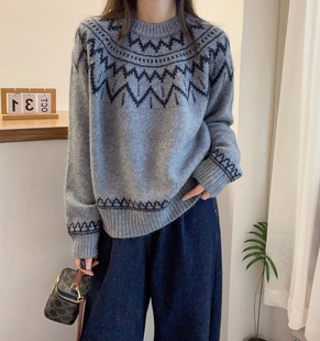 Design Sense Feel Island Casual Ethnic Style Soft Waxy Sweater Knitted Sweater Crewneck Pullover Chic Outer Top Women
