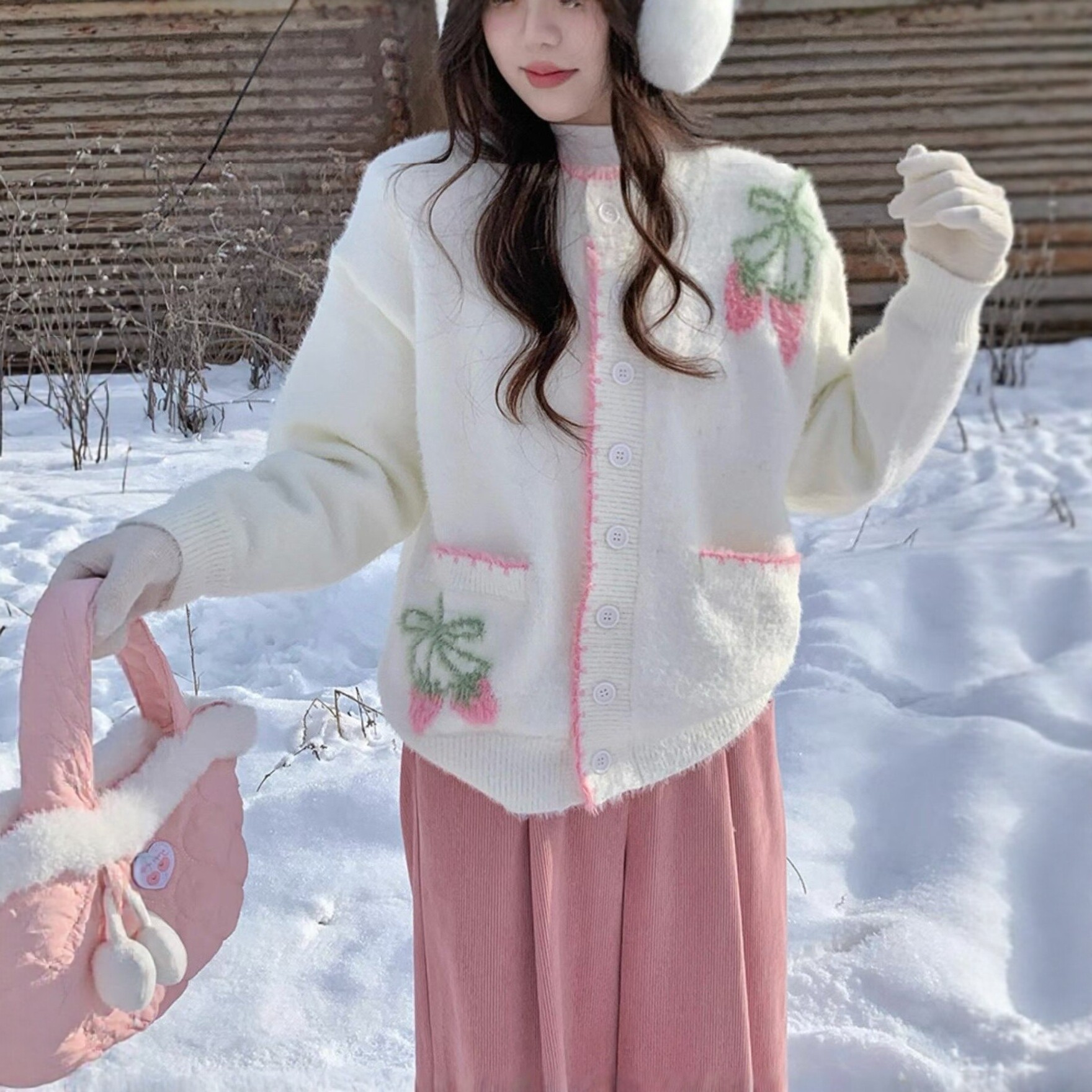 Cherry embroidered soft knit cardigan for women, autumn and winter new style, loose and slimming sweater coat, versatile top