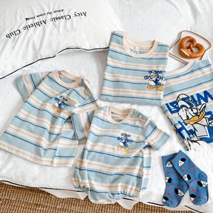 Japanese parent clothing ~ ~ male baby striped cartoon baby short sleeve jumpsuit summer clothing family of four three T-shirt