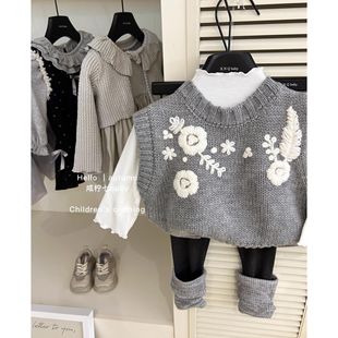 Xian Ning Seven Korean Children's Wear Girls' Autumn Wear suit Children's Western-style Grey Knitted Vest Baby's Leggings
