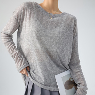 Korean Style Ins All-Match Long-Sleeved White T-Shirt Women's Loose Perspective Thin Spring Ice Silk Pullover Sunscreen Blouse Top