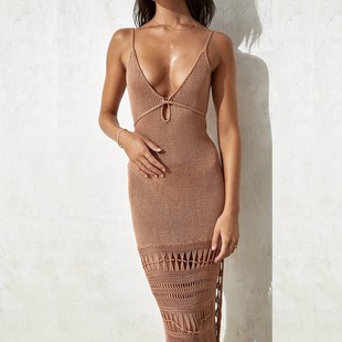 2024 cross-border summer new beach dress solid color sling knitted hollow waist tassel midi dress swimsuit blouse