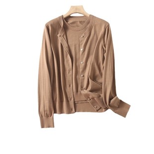Women's Worsted Merino Wool Crewneck Knitted Cardigan Long Sleeve Machine Washable Cardigan Jacket Spring