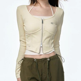 [Pure Cotton] American Retro Solid Color Autumn Thin Slim-fit Slimming Double Zipper T-shirt Long Sleeve Sling Top Women