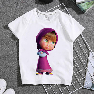 Russian animated Masha and the Bear cartoon T-shirt summer children's clothing short sleeve white parent-child clothing top for primary and secondary school students