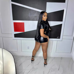 2023 cross-border European and American Foreign trade Autumn New lapel navel short sleeve short PU leather top shorts two-piece set