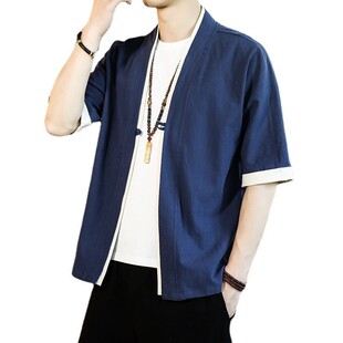 Cross-border 2023 New Chinese Style Half-sleeve Tang Suit Japanese Loose Buckle Cardigan Men's Robe Kimono Coat Trendy