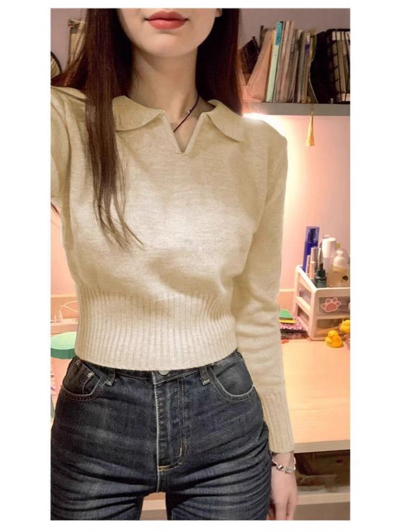 몸집이 작은 분들을 위한 가을 겨울 의상, 슬림핏 짧은 긴팔 베이스 스웨터 탑, 폴로 칼라 이너웨어, 여성용 슬리밍 스웨터