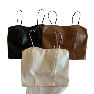 New Fashion PU Leather Small Camisole Vest Retro Inner Wearing Outer Wearing Base Stressed Slim-fit Top with Chest Pad 2222