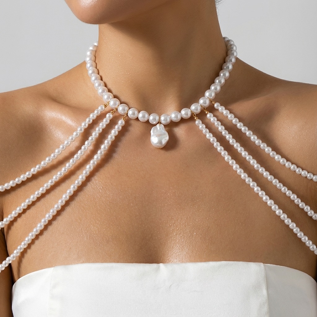 European and American Cross-Border New Style Beach Vacation Style Pearl Beaded Tassel Necklace Body Chain for Women, Personalized Exquisite Shoulder Chain