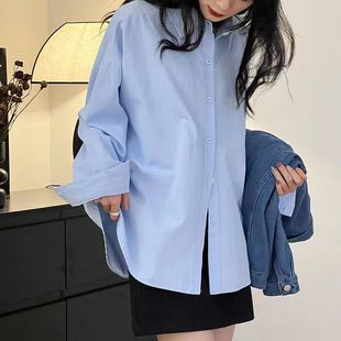 2024 Spring and Autumn Blue Shirt Top Women's Western Style Student Wear Loose All-match Long-sleeved Shirt
