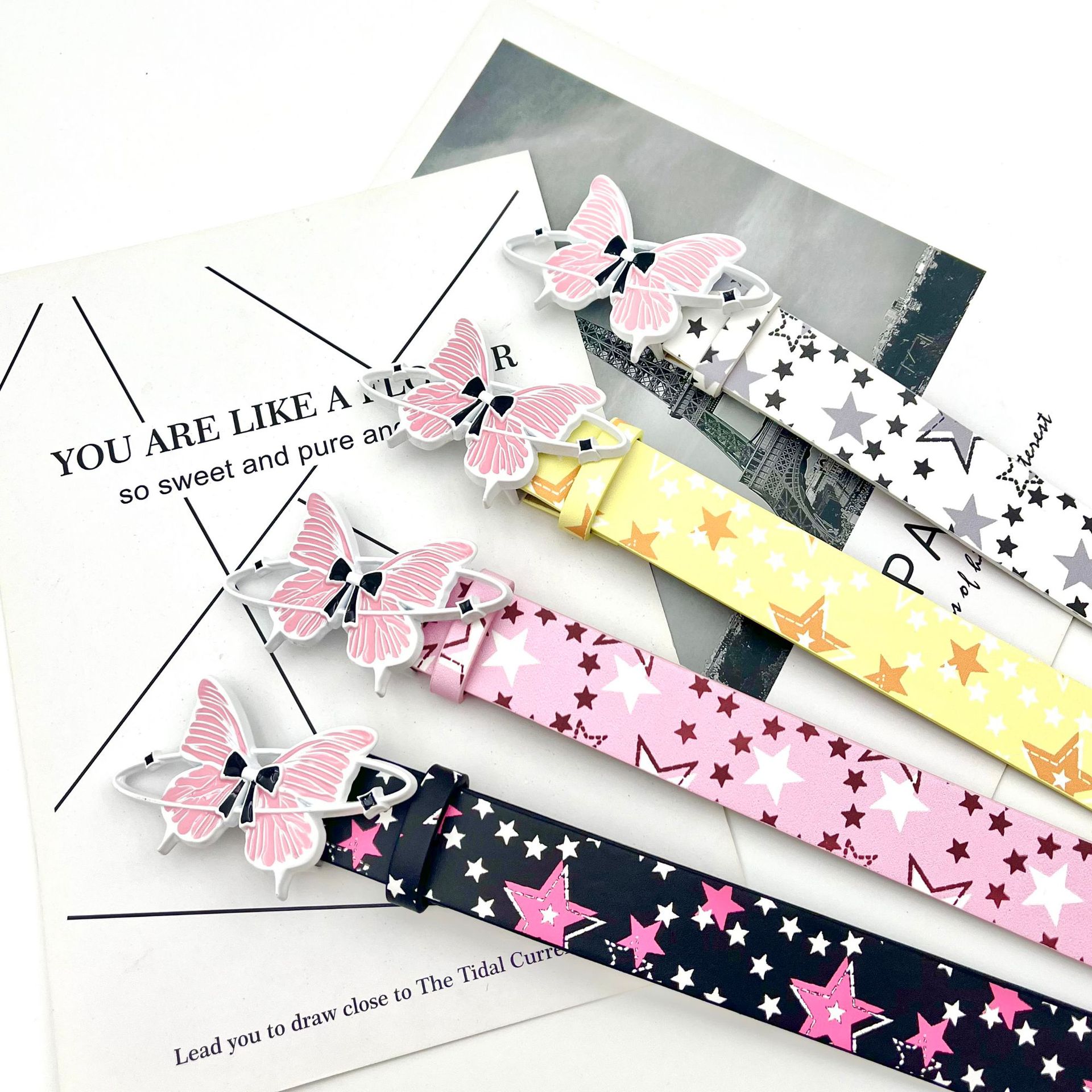 New Style Baby's Breath Belt Leather Belt for Women, Pink Butterfly Buckle Belt for Women, Y2K Jeans Skirt Accessory Versatile
