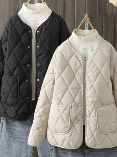 New Down Cotton-padded Clothes Women's Diamond-shaped Plaid Short Cotton-padded Jacket Thickened Warm for Autumn and Winter Small Loose Cotton-padded Jacket