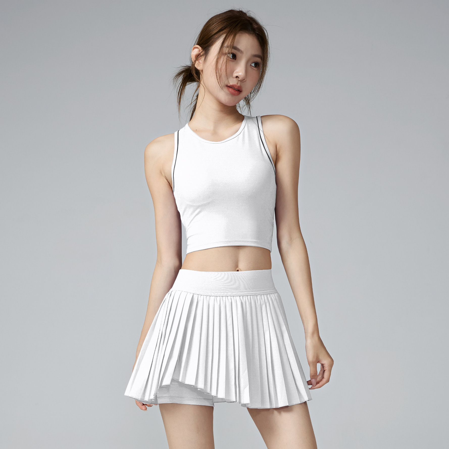 Solid Color Vest Asymmetrical Pleated Skirt Set Tennis Badminton Sports Fitness Casual Quick-Dry Yoga Outfit Set