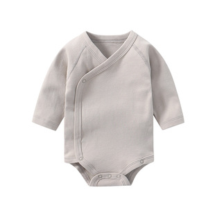 Cross-Border baby long-sleeved jumpsuit with slanting open button triangle khaki organic cotton baby climbing suit bag fart clothes GOTS