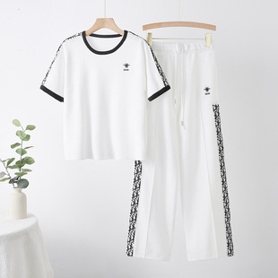 Cross-border 25 years spring and summer new small fragrant style letter round neck casual knitted T-shirt with elastic waist casual pants cover